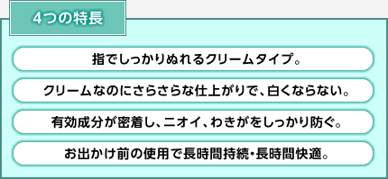 4つの特長 ・指でしっかりぬれるクリームタイプ。 ・クリームなのにさらさらな仕上がりで、白くならない。 ・有効成分が密着し、ニオイ、わきがをしっかり防ぐ。 ・お出かけ前の使用で長時間持続・長時間快適。