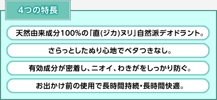 4つの特長 ・天然由来成分100%の「直(ジカ)ヌリ」自然派デオドラント。 ・さらっとしたぬり心地でベタつきなし。 ・有効成分が密着し、ニオイ、わきがをしっかり防ぐ。 ・お出かけ前の使用で長時間持続・長時間快適。