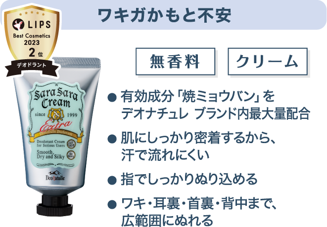 ワキガかもと不安 有効成分「焼ミョウバン」をデオナチュレブランド内最大量配合 肌にしっかり密着するから、汗で流れにくい 指でしっかりぬり込める ワキ・耳裏・首裏・背中まで、広範囲にぬれる